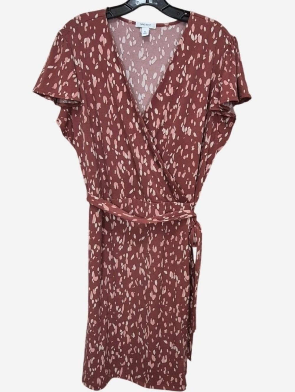 Nine West Rust & Pink Abstract Print Flutter Sleeve Wrap Dress Size XL